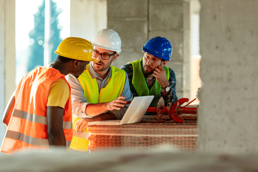 Three construction workers wearing hard hats and safty vests reviewing documents on a laptop outside at an construction site